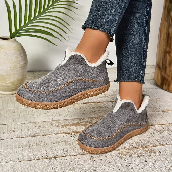 Women's Warm Fur-Lined Slip-On Ankle Boots – Thick Sole And Moc-Toe Stitching