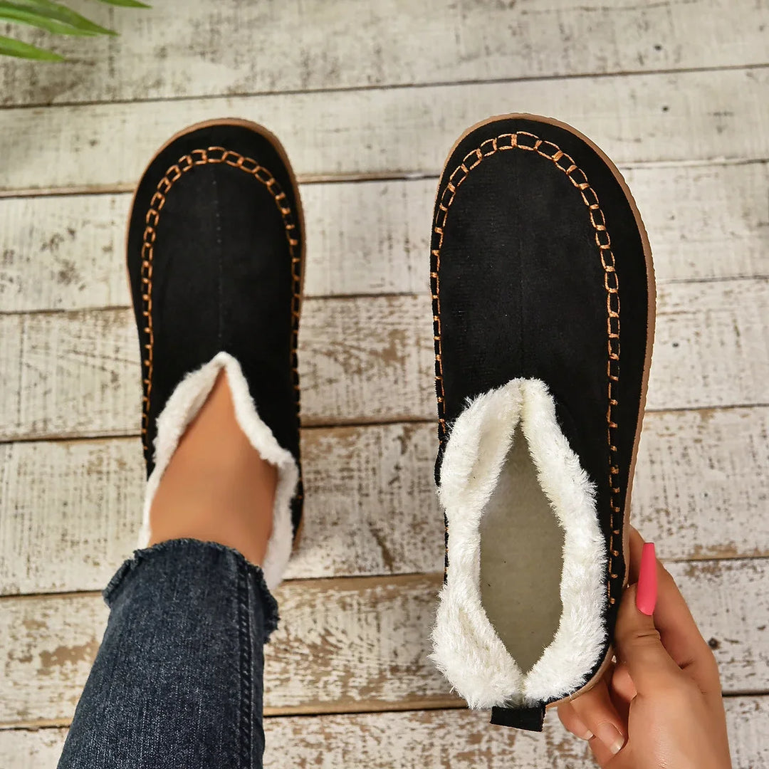Women's Warm Fur-Lined Slip-On Ankle Boots – Thick Sole And Moc-Toe Stitching