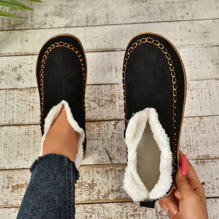 Women's Warm Fur-Lined Slip-On Ankle Boots – Thick Sole And Moc-Toe Stitching
