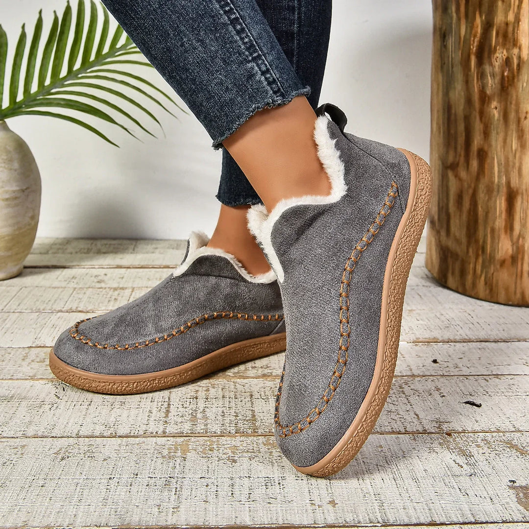 Women's Warm Fur-Lined Slip-On Ankle Boots – Thick Sole And Moc-Toe Stitching