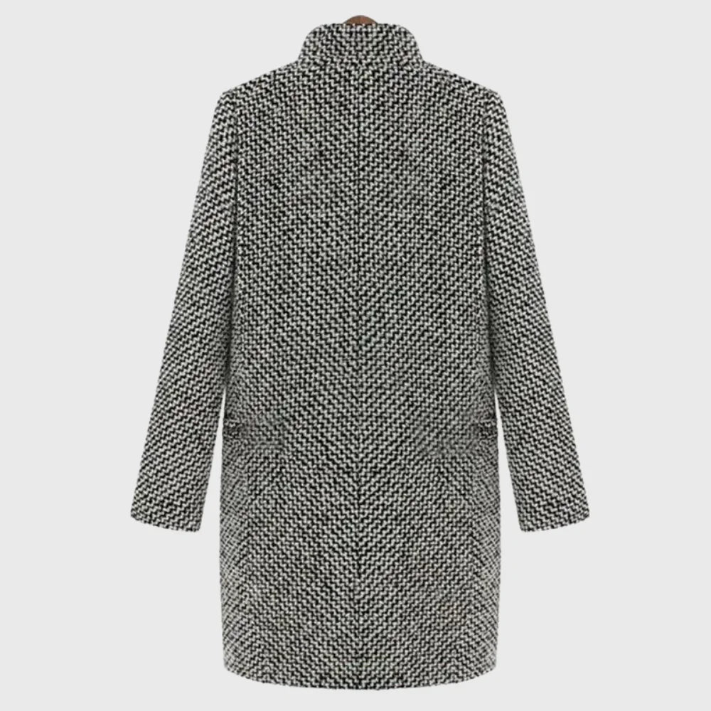 Women's Warm Winter Houndstooth Mid-Length Wool Coat – Quilted Lining