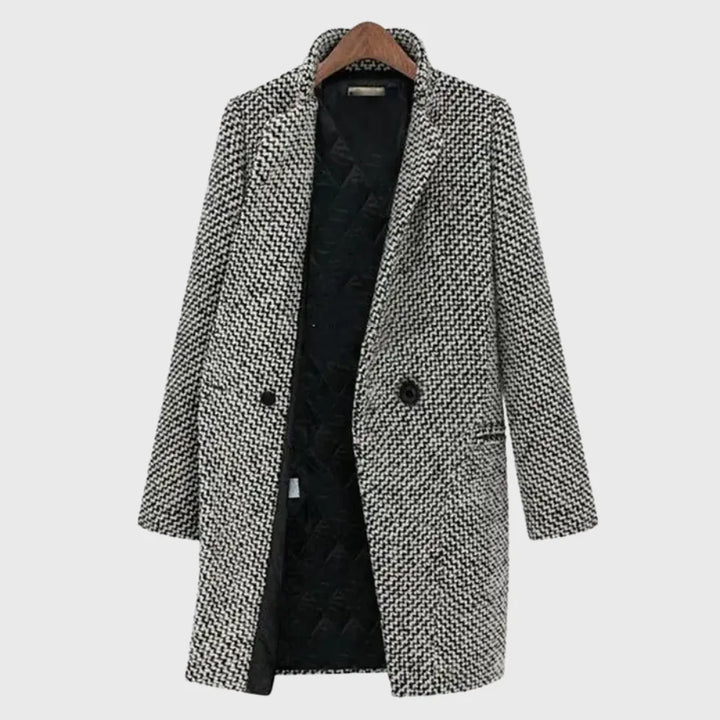 Women's Warm Winter Houndstooth Mid-Length Wool Coat – Quilted Lining