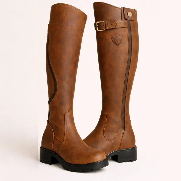 Women's Brown Riding Boots – Side Zipper And Buckle Strap