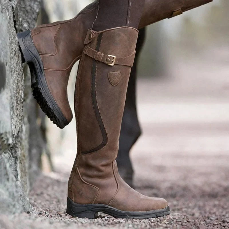 Women's Brown Riding Boots – Side Zipper And Buckle Strap
