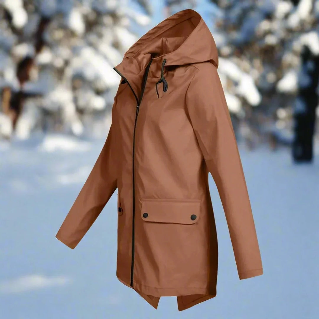 Women's Waterproof Hooded Rain Jacket Zip-Up Longline
