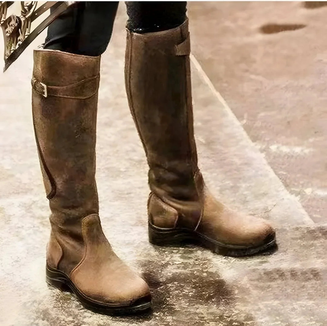 Women's Leather Knee High Boots Buckle Strap Riding