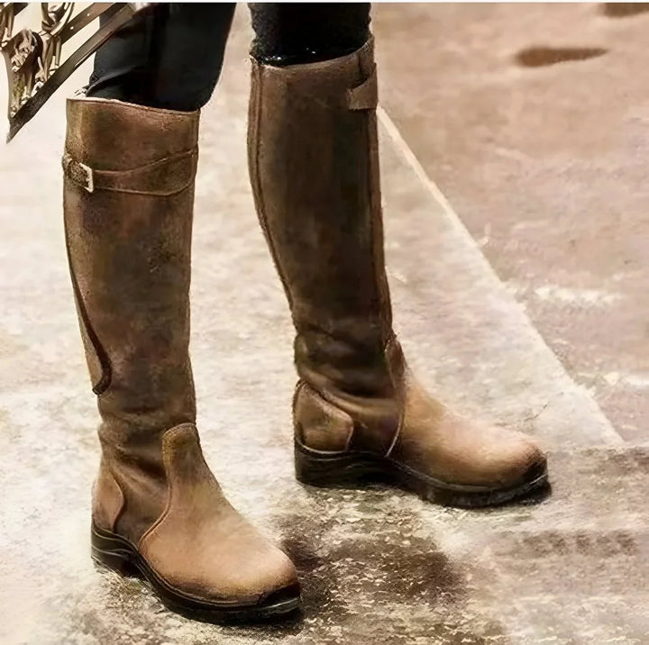 Women's Leather Knee High Boots Buckle Strap Riding