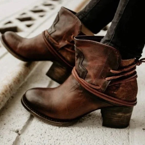 Women's Western Ankle Boots – Block Heel And Wrap-Around Lace-Up Design