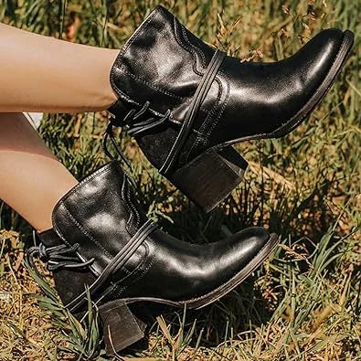 Women's Western Ankle Boots – Block Heel And Wrap-Around Lace-Up Design