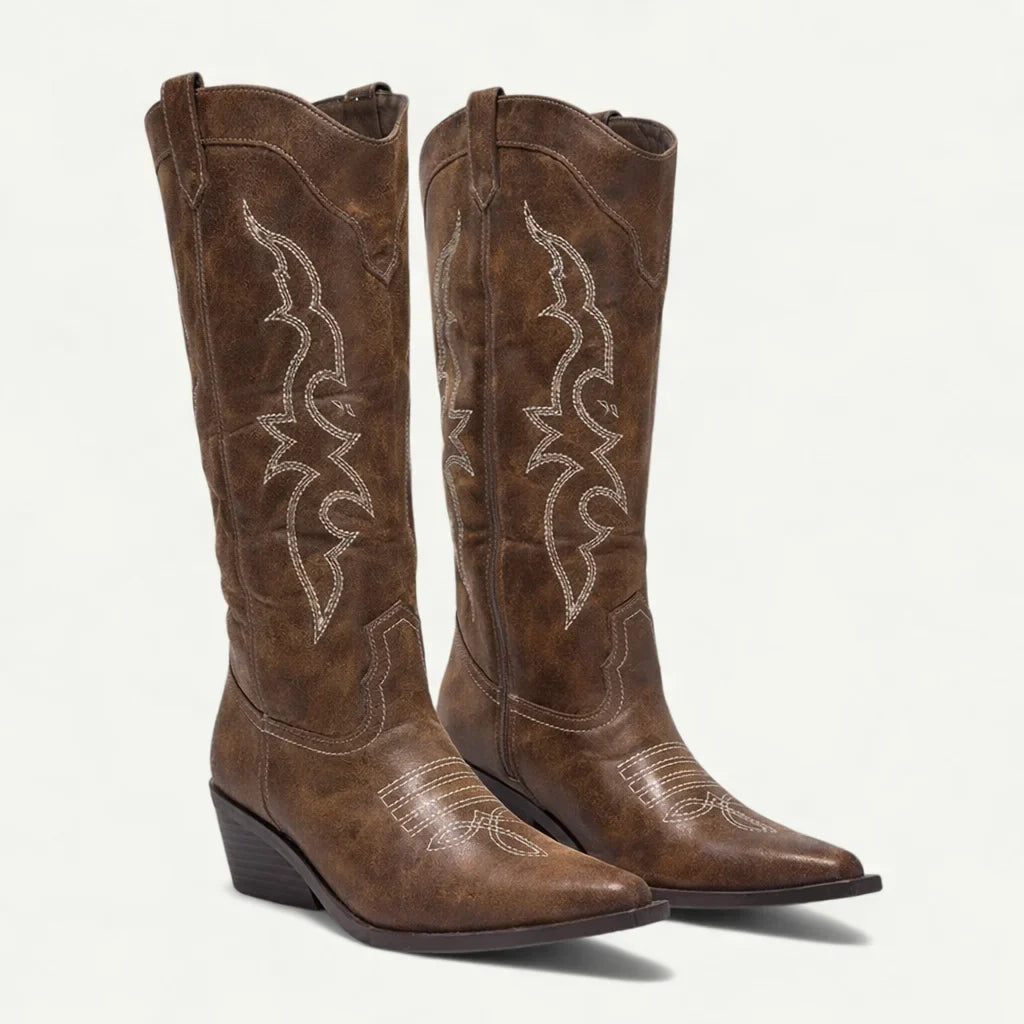Women's Western Calf-High Boots – Pointed Toe And Decorative Stitching