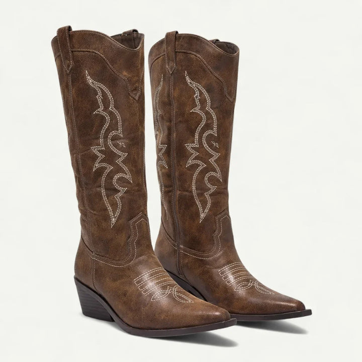 Women's Western Calf-High Boots – Pointed Toe And Decorative Stitching