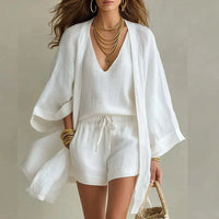 Women's White Linen Three-Piece Shorts Set – V-Neck Top And Kimono Cardigan