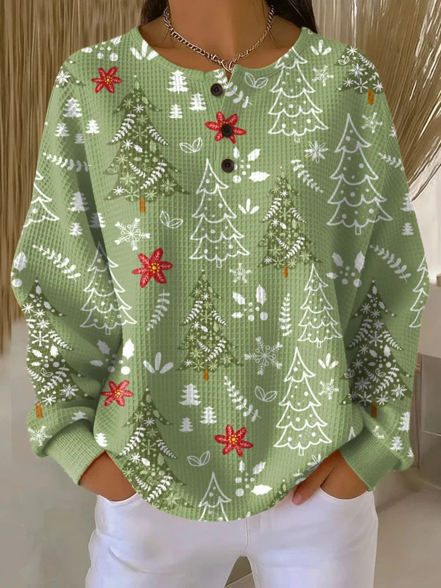 Women's Winter Christmas-Print Waffle-Knit Sweater – Button-Placket Neckline