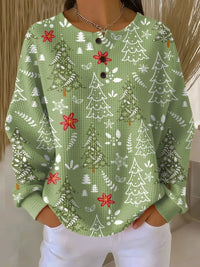 Women's Winter Christmas-Print Waffle-Knit Sweater – Button-Placket Neckline