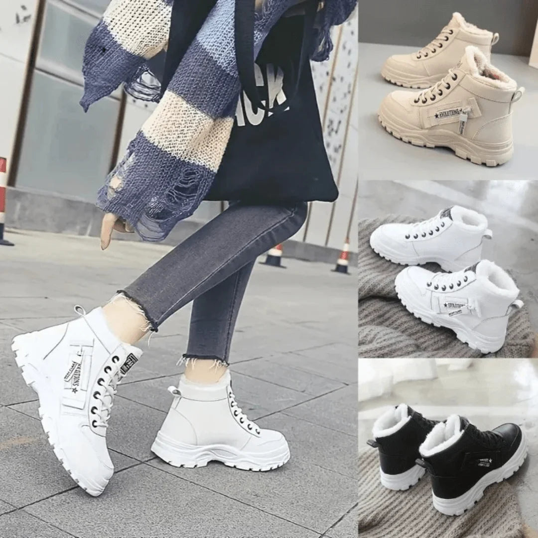 Women's Winter Faux Fur-Lined Lace-Up Ankle Boots – Chunky Sole