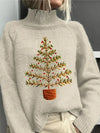 Women's Winter Holiday Embroidered Christmas Tree Knit Sweater – Turtleneck Raglan Sleeves