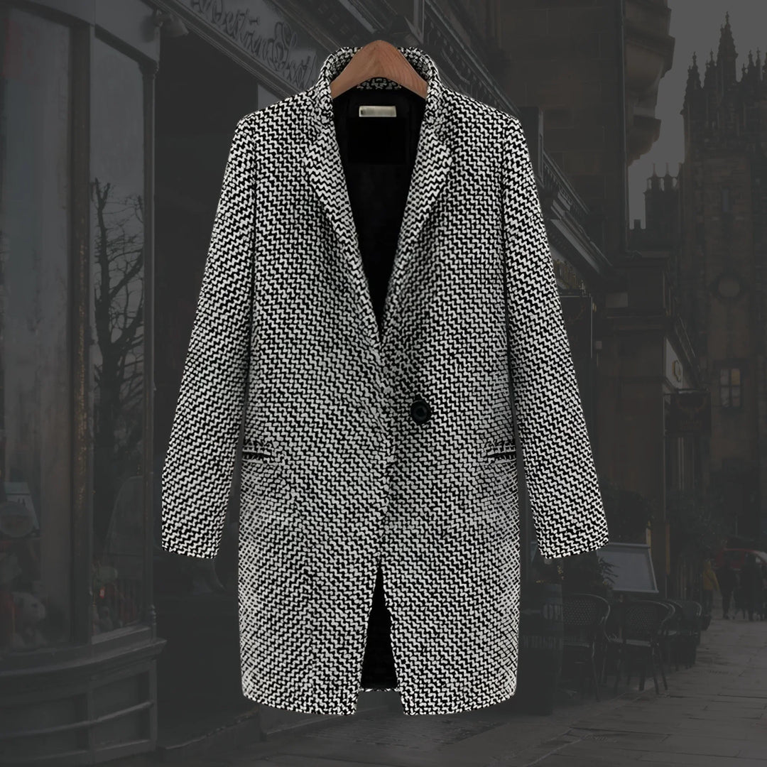 Women's Winter Houndstooth Wool Coat – Single-Button Closure