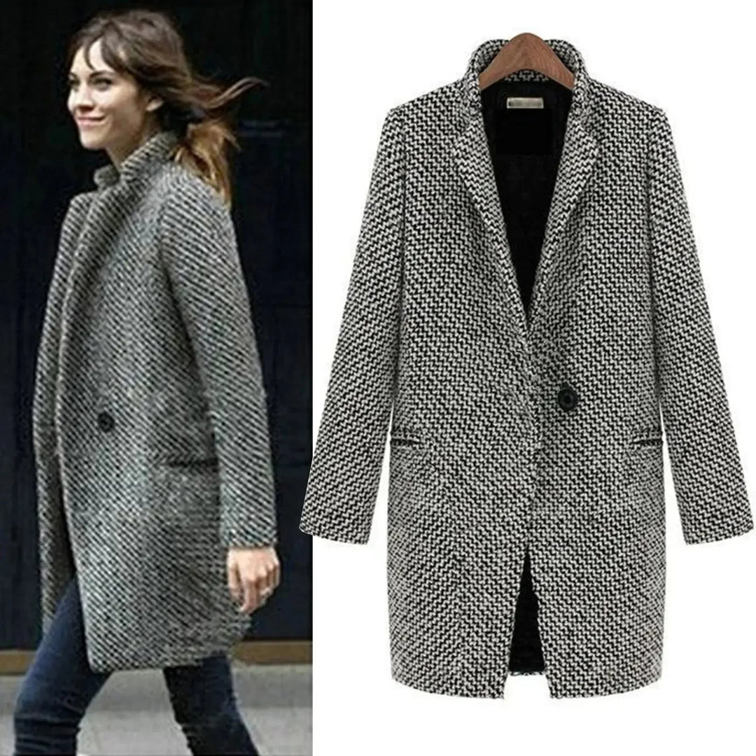 Women's Winter Houndstooth Wool Coat – Single-Button Closure