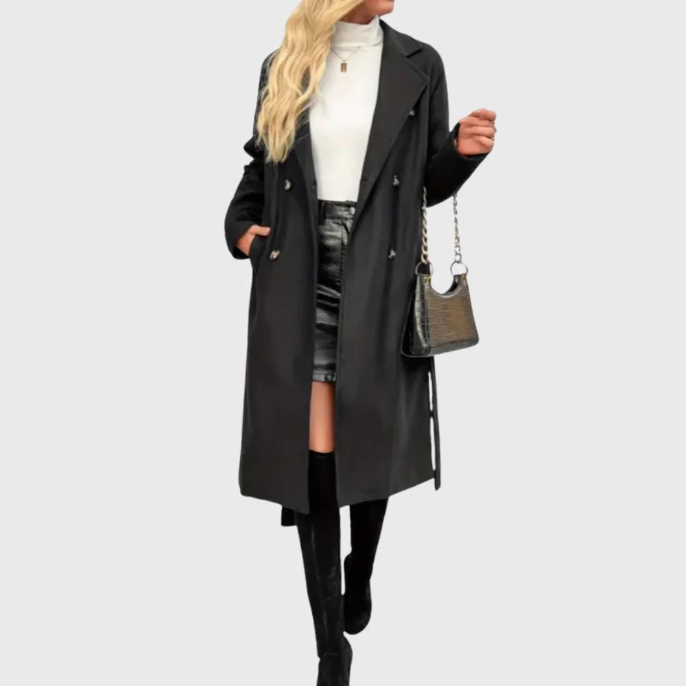 Women's Winter Longline Double-Breasted Wool Coat – Self-Tie Belt