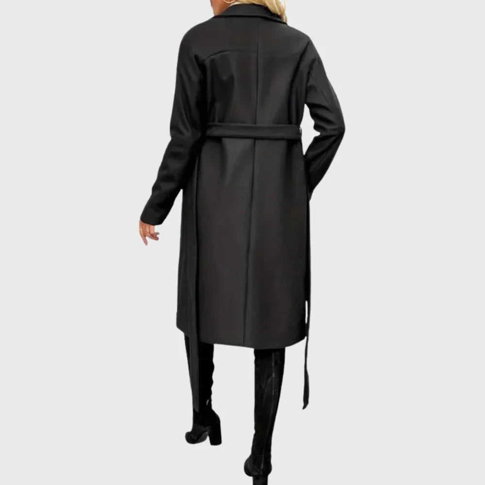 Women's Winter Longline Double-Breasted Wool Coat – Self-Tie Belt
