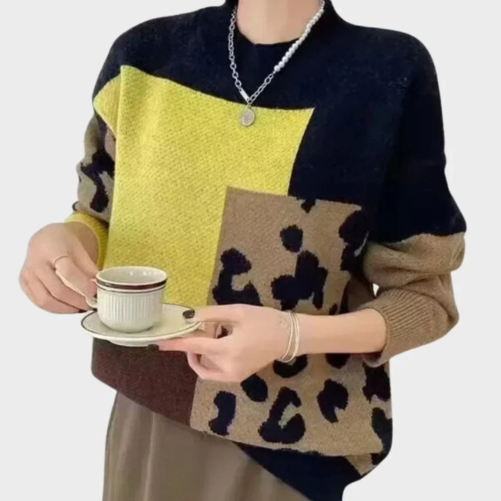 Women's Color Block Animal Print Knit Sweater – Crew Neck