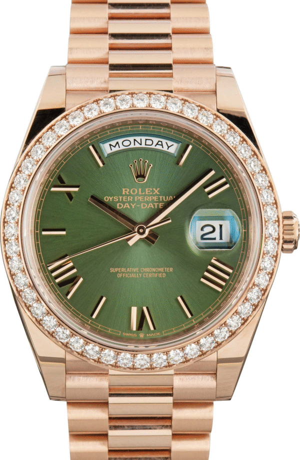 Rolex Day-Date 40 Rose Gold Olive Roman Dial Diamond Bezel 2024