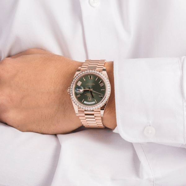 Rolex Day-Date 40 Rose Gold Olive Roman Dial Diamond Bezel 2024 - Image 4