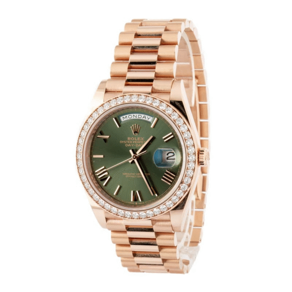 Rolex Day-Date 40 Rose Gold Olive Roman Dial Diamond Bezel 2024 - Image 7
